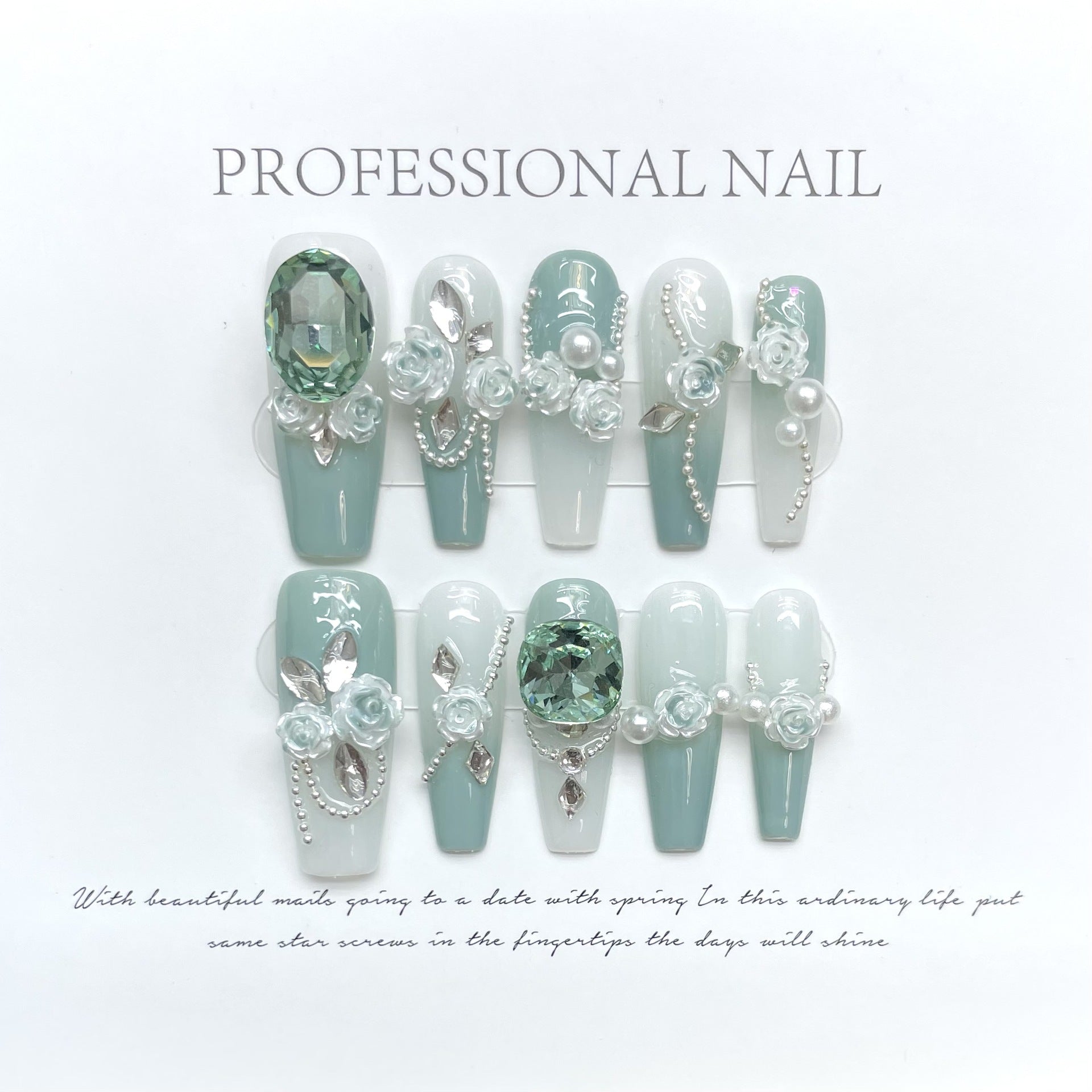 Wear Nail Green Full Diamond Camellia Gradient Chain All-match National Style New Chinese Manicure